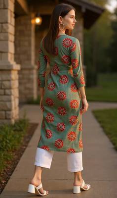 women green cotton ethnic motifs printed straight kurta 3