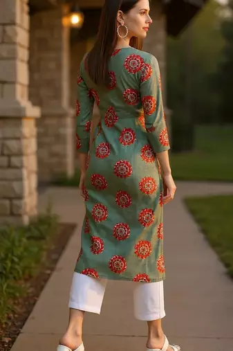 women green cotton ethnic motifs printed straight kurta