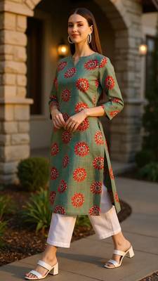 women green cotton ethnic motifs printed straight kurta 4