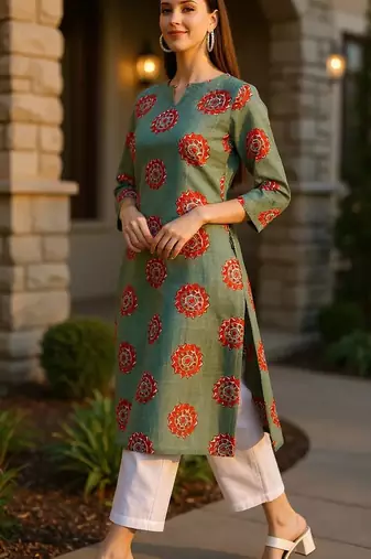 women green cotton ethnic motifs printed straight kurta