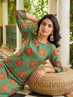 women green cotton ethnic motifs printed straight kurta 5