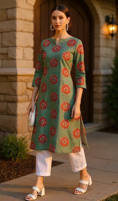 women green cotton ethnic motifs printed straight kurta 5