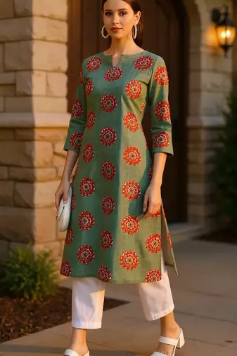 women green cotton ethnic motifs printed straight kurta