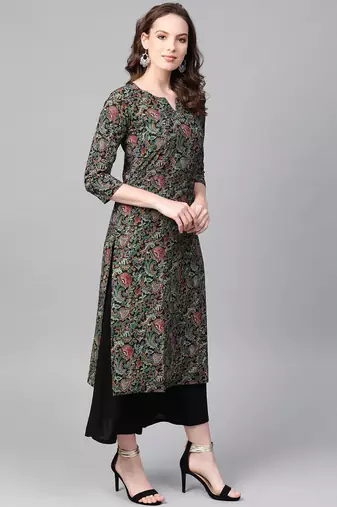 women black cotton ethnic motifs printed straight kurta
