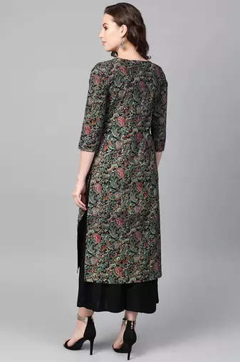 women black cotton ethnic motifs printed straight kurta