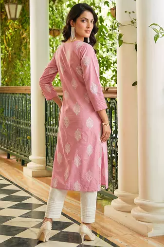 women pink cotton ethnic motifs printed straight kurta