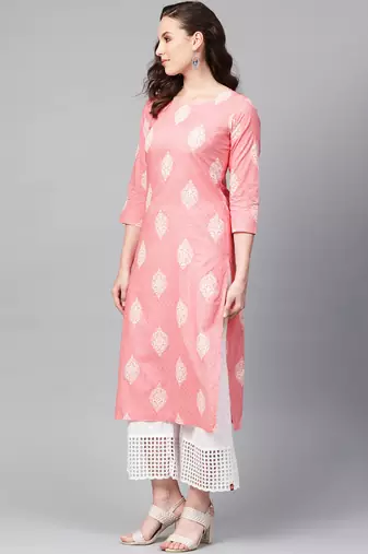 women pink cotton ethnic motifs printed straight kurta