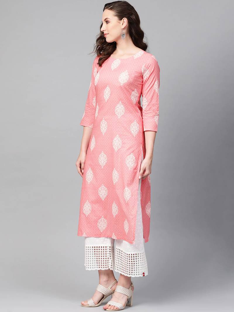 women pink cotton ethnic motifs printed straight kurta