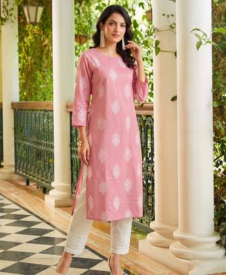 women pink cotton ethnic motifs printed straight kurta 4