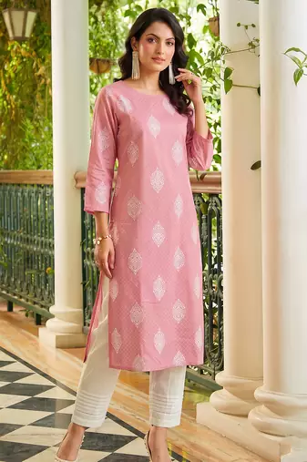women pink cotton ethnic motifs printed straight kurta