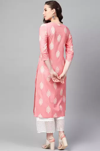 women pink cotton ethnic motifs printed straight kurta