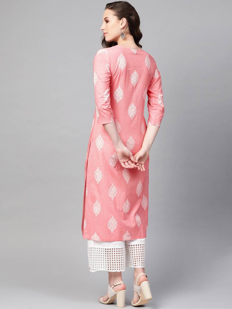 women pink cotton ethnic motifs printed straight kurta