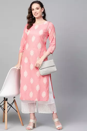 women pink cotton ethnic motifs printed straight kurta
