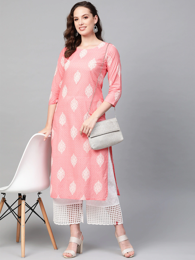 women pink cotton ethnic motifs printed straight kurta