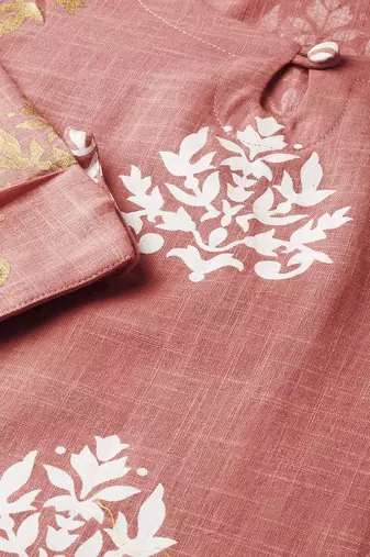 women pink cotton ethnic motifs printed straight kurta