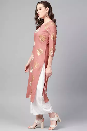 women pink cotton ethnic motifs printed straight kurta