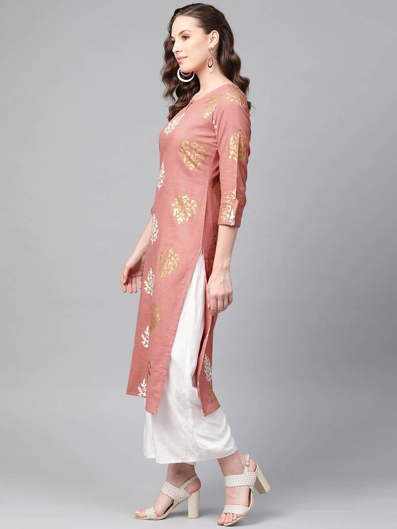 women pink cotton ethnic motifs printed straight kurta