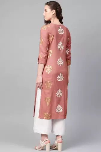 women pink cotton ethnic motifs printed straight kurta