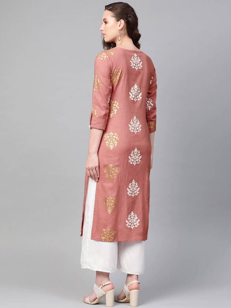 women pink cotton ethnic motifs printed straight kurta
