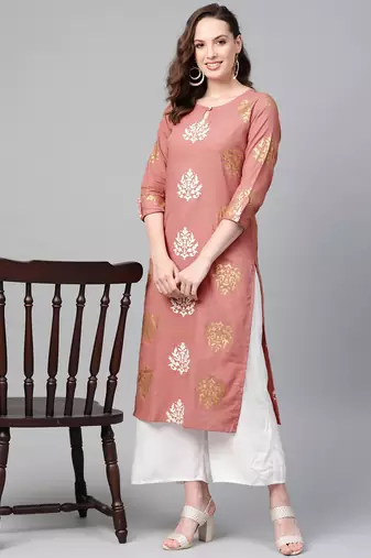 women pink cotton ethnic motifs printed straight kurta