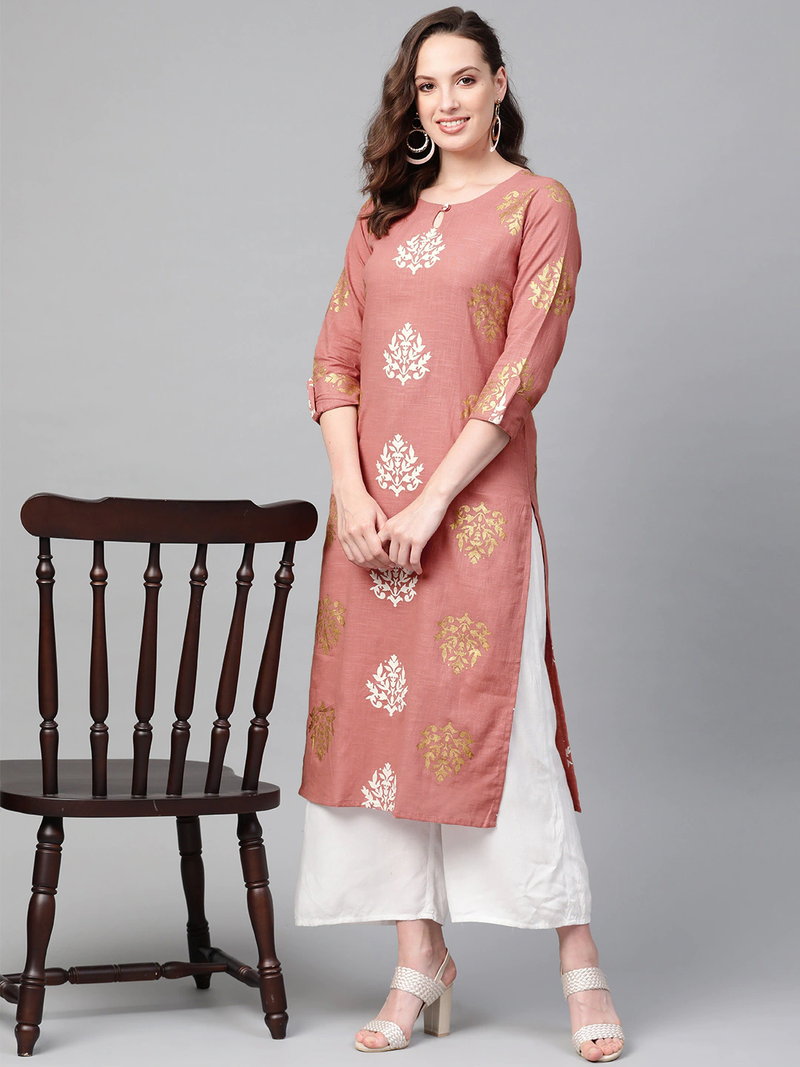 women pink cotton ethnic motifs printed straight kurta