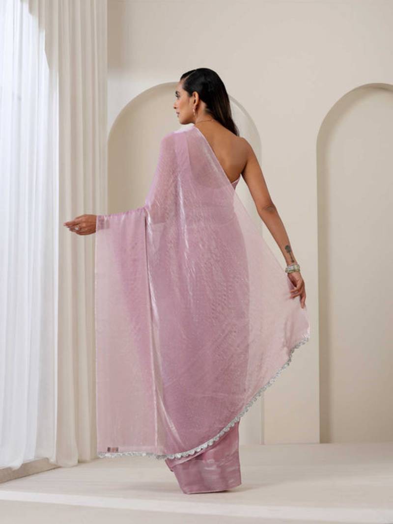 Glimmering Light Luxurious Organza Solid Saree With Stone Lace Border With Matching Blouse