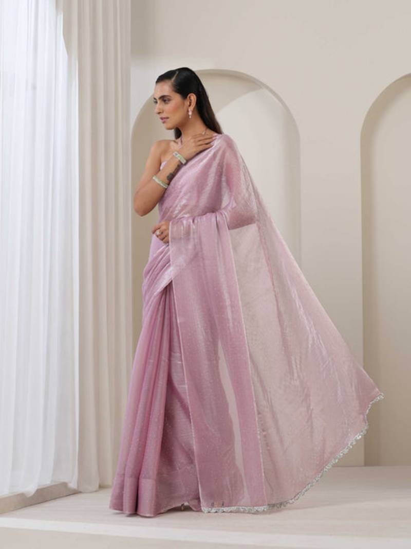 Glimmering Light Luxurious Organza Solid Saree With Stone Lace Border With Matching Blouse