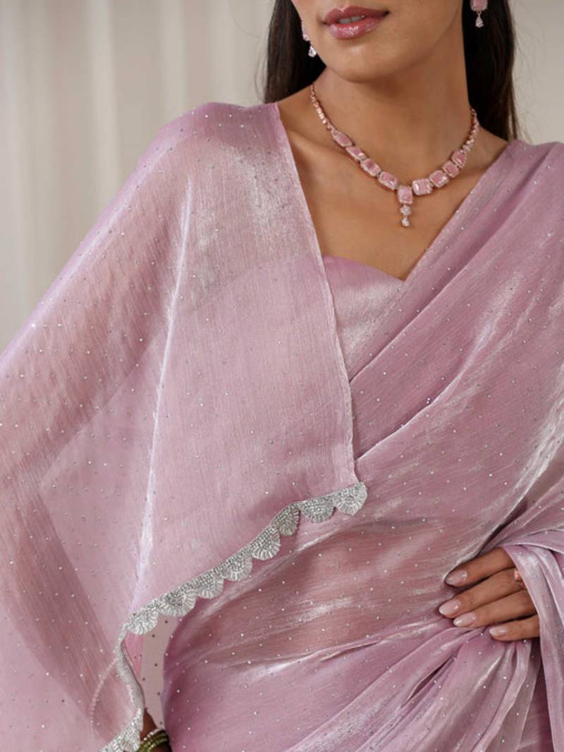 Glimmering Light Luxurious Organza Solid Saree With Stone Lace Border With Matching Blouse