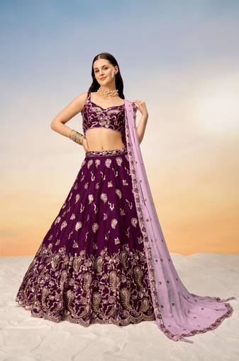 Burgundy Pure Georgette with heavy Sequins embroidery Semi-Stitched Lehenga choli & Dupatta