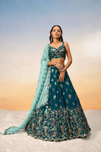 Teal Blue Bridal Lehenga Choli Set With Embroidery