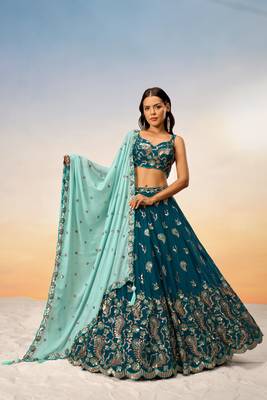 Teal Blue Bridal Lehenga Choli Set With Embroidery 2