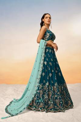 Teal Blue Bridal Lehenga Choli Set With Embroidery 3