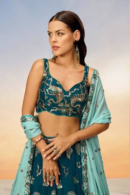 Teal Blue Bridal Lehenga Choli Set With Embroidery 4