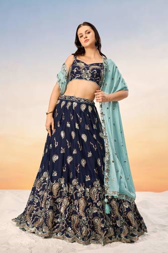 Navy blue Pure Georgette with heavy Sequins embroidery Semi-Stitched Lehenga choli & Dupatta