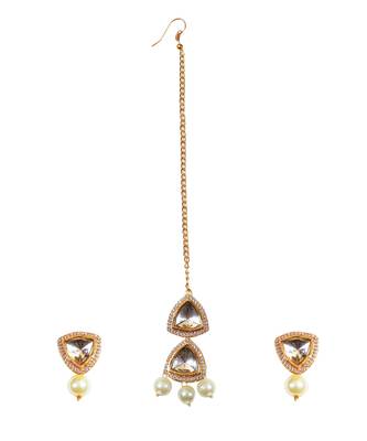 Handcrafted kundan polki earrings & maang tikka set 3