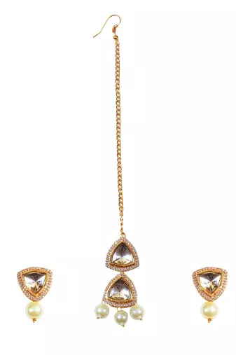 Handcrafted kundan polki earrings & maang tikka set