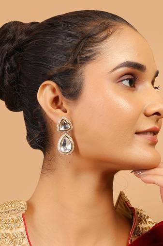 Handcrafted triangular kundan polki drop earrings