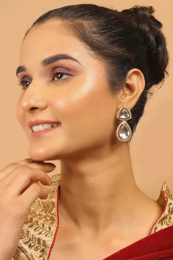 Handcrafted triangular kundan polki drop earrings