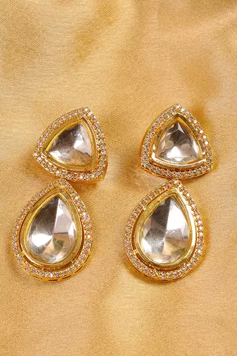 Handcrafted triangular kundan polki drop earrings