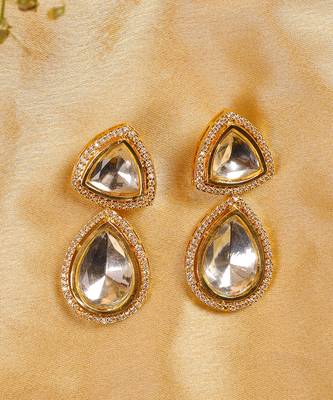 Handcrafted triangular kundan polki drop earrings 4