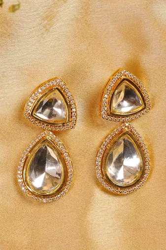 Handcrafted triangular kundan polki drop earrings