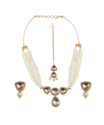 Pearl beaded kundan polki necklace with earrings & maang tikka 5