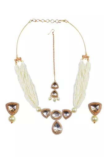 Pearl beaded kundan polki necklace with earrings & maang tikka