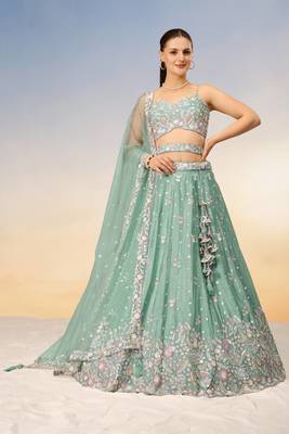 Sea green Chiffon Sequins and thread embroidery Semi-Stitched Lehenga choli & Dupatta 1