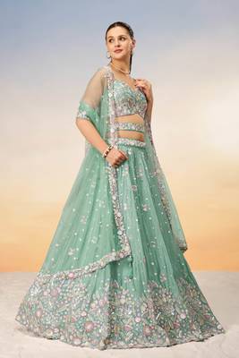 Sea green Chiffon Sequins and thread embroidery Semi-Stitched Lehenga choli & Dupatta 2