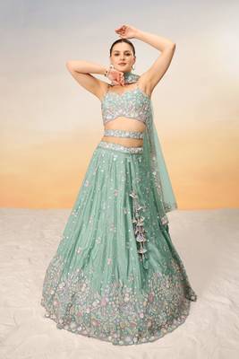 Sea green Chiffon Sequins and thread embroidery Semi-Stitched Lehenga choli & Dupatta 3