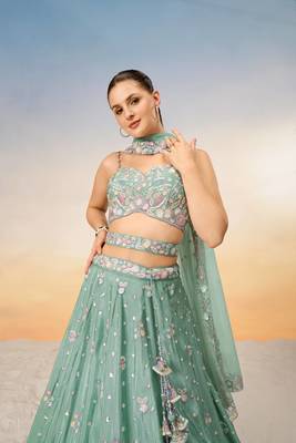 Sea green Chiffon Sequins and thread embroidery Semi-Stitched Lehenga choli & Dupatta 4
