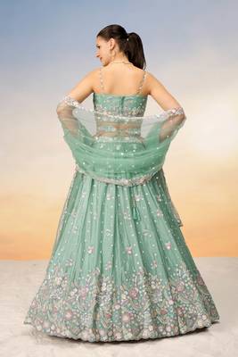 Sea green Chiffon Sequins and thread embroidery Semi-Stitched Lehenga choli & Dupatta 5