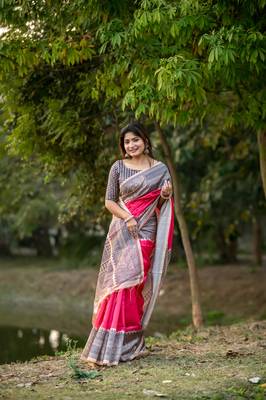 Pink Tussar silk blend Printed Saree Festive Wear 1