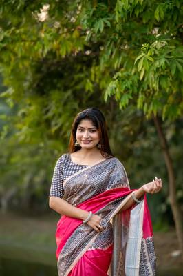 Pink Tussar silk blend Printed Saree Festive Wear 2